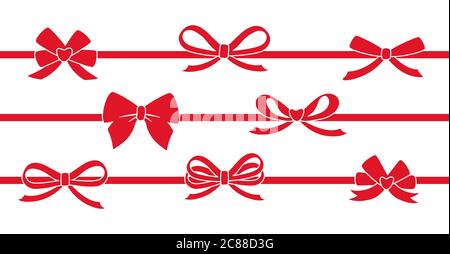 Nastro rosso decorato con set di silhouette a archi. San Valentino, matrimonio o Natale decorato nastro archi. Elementi di disegno di cartone animato per il presente, la celebrazione, le congratulazioni. Illustrazione vettoriale isolata Illustrazione Vettoriale