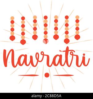 felice celebrazione indiana navratri, la cultura della dea durga, ornamento e scritta disegnata a mano stile piatto icona illustrazione vettoriale Illustrazione Vettoriale