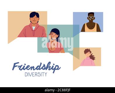 Donne e uomini cartoni animati in bolle disegno, culturale e amicizia diversità tema illustrazione vettoriale Illustrazione Vettoriale