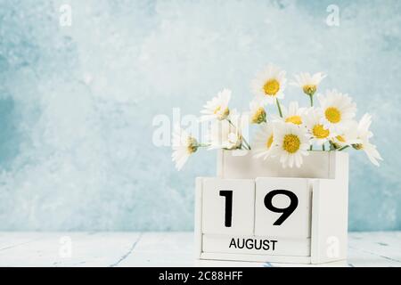 Calendario cubo bianco per agosto decorato con fiori margherita su blu con spazio copia Foto Stock