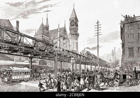 Gilbert Elevated Railroad, New York City, Stati Uniti d'America. La foto di un artista non identificato dell'edizione del 1878 maggio 25 del quotidiano illustrato di Frank Leslie, mostra il primo treno sulla pista che passa attraverso la Sixth Avenue vicino al Jefferson Market Police Court il 29 aprile. Foto Stock