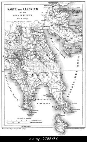 Mappa di Laconia, una regione storica e amministrativa della Grecia Foto Stock