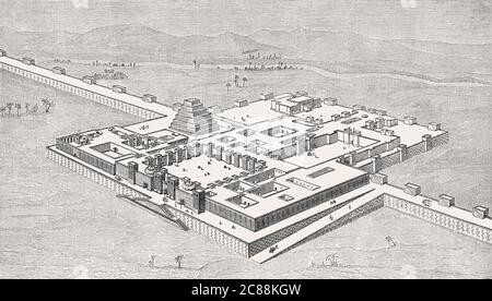 Palazzo di Sargon II di Assiria a Dur-Sharrukin, Khorsbad, Iraq, ricostruito da Charles Chipiez Foto Stock