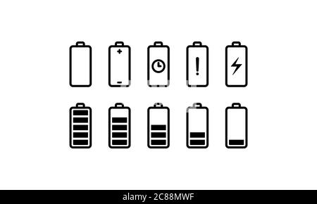 Batteria con diversi livelli di carica, icone impostate. Vettore su sfondo bianco isolato. EPS 10. Illustrazione Vettoriale