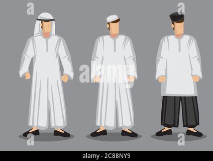 Illustrazione vettoriale di tre uomini musulmani in diversi costumi tradizionali e cappelli isolati su sfondo grigio. Illustrazione Vettoriale