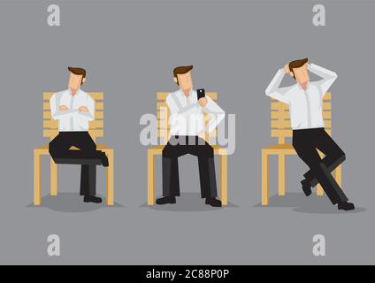 Uomo cartoon su una panchina in posizione seduta rilassata, a croce con braccia ripiegate, prendendo selfie con il telefono e le mani dietro la testa. Set di tre v Illustrazione Vettoriale