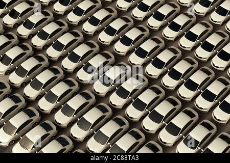 Rendering 3D di molte auto berlina generiche bianche parcheggiate in una concessionaria. Foto Stock