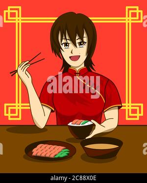 Una donna cinese sta mangiando riso con i chopsticks al tavolo da pranzo con i piatti laterali. Illustrazione dello sfondo rosso e del motivo in stile cinese. Illustrazione Vettoriale