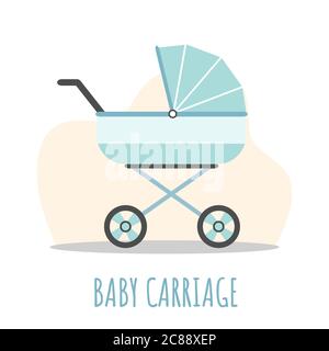 Icona del carrello del bambino. PRAM blu su sfondo bianco. Illustrazioni vettoriali in stile piatto. Illustrazione Vettoriale