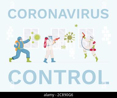 Design di banner piatto vettoriale con controllo coronavirus. Operatori medici o detergenti in tute e maschere di protezione disinfettanti superfici. Misure di protezione durante l'epidemia di Covid-19. Illustrazione Vettoriale