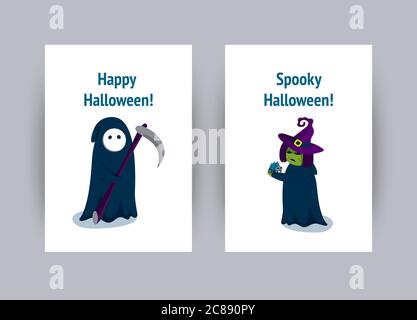 Biglietto d'auguri per la festa di Halloween. La strega di Halloween e il Reaper di Grim. Illustrazione vettoriale in stile piatto Illustrazione Vettoriale