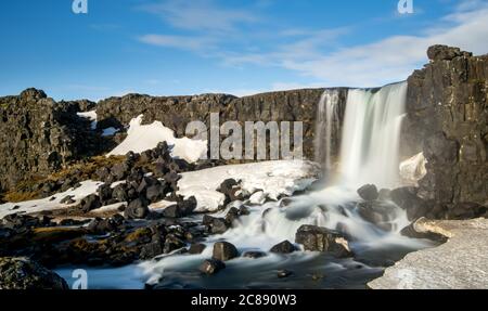 Acqua dalla cascata che spruzzi su un fiume roccioso Islanda Foto Stock