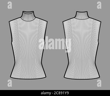 Maglia a costola con struttura a collo di tegolo, figura tecnica di moda con corpo montato, ponticello senza maniche. Modello di abbigliamento per camicia piatta davanti, dietro, colore bianco. Donne, uomini unisex top CAD mockup Illustrazione Vettoriale