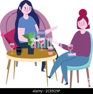 ristorante di divaricamento sociale o un caffè, donne che parlano con vino di vetro tenere la distanza, covid 19 coronavirus, nuova illustrazione vettore di vita normale Illustrazione Vettoriale