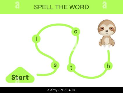 Labirinto per bambini. Modello di gioco per parole di ortografia. Imparare a leggere il foglio di lavoro stampabile di sloth di parole. Pagina attività per lo studio in inglese. Illustrazione Vettoriale