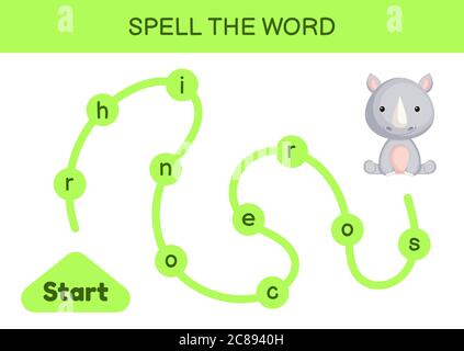 Labirinto per bambini. Modello di gioco per parole di ortografia. Imparare a leggere il termine rhino, foglio di lavoro stampabile. Pagina attività per lo studio in inglese. Illustrazione Vettoriale