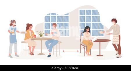 Uomini e donne in caffetteria o ristorante dopo l'epidemia di Coronavirus vettore flat illustrazione. Camerieri in maschera e guanti che portano ordine e menu. Distanza sociale e nuova normalità dopo la pandemia globale. Illustrazione Vettoriale