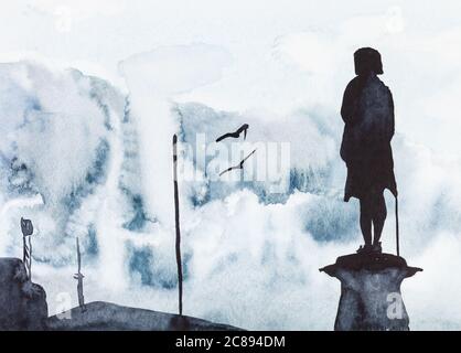 Monumento e nuvole di pioggia grigio scuro sopra le case nella città di Bergen dipinte a mano da vernici acquerello su carta bianca testurizzata Foto Stock