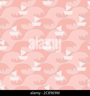 barche a vela bianche rosa oceano senza cuciture modello vettoriale Illustrazione Vettoriale