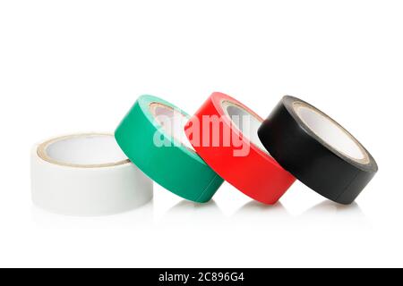 quattro nastri isolanti colorati isolati su bianco Foto Stock