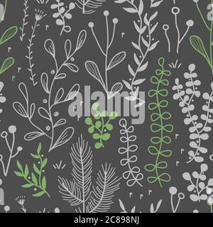Vettore senza giunture bordo con doodle foresta e piante prato. Sfondo astratto disegnato a mano per tessuti, sfondi, stampe Illustrazione Vettoriale