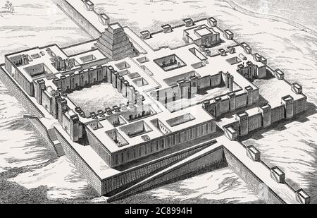 Palazzo di Sargon II di Assiria a Dur-Sharrukin, Khorsbad, Iraq, ricostruito da Charles Chipiez Foto Stock