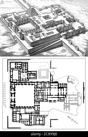 Palazzo di Sargon II di Assiria a Dur-Sharrukin, Khorsbad, Iraq, ricostruito da Charles Chipiez Foto Stock