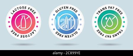 Badge per il cibo. I francobolli privi di lattosio, glutine e grassi trans impostano l'illustrazione delle scorte. Illustrazione Vettoriale