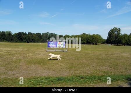 Londra, UK, 22 luglio 2020 chiaro segno spazzatura 'questo è un parco non un bin' su Wandsworth comune in zona popolare e affollato durante il blocco coronavirus. . Foto Stock