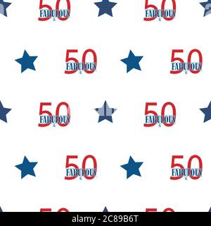 Cinquanta e favoloso sfondo di pattern vettoriali senza giunture di testo. Blu rosso bianco tipografia di stile moderno sullo sfondo con stelle. Design in stile americana per Illustrazione Vettoriale