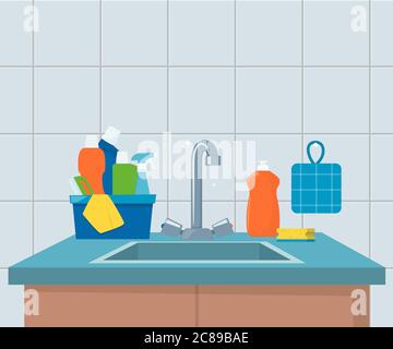 Lavandino da cucina. Lavabo pulito con utensili da cucina, mobili e utensili moderni. Lavatoi piatti lavello, illustrazione vettoriale Illustrazione Vettoriale