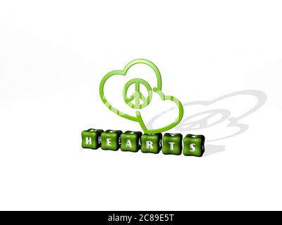 Rappresentazione 3D dei cuori con icona sulla parete e testo disposto da lettere cubiche metalliche su un pavimento a specchio per il significato concettuale e presentazione slideshow. Sfondo e illustrazione Foto Stock