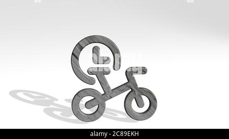 BIKING ALLIEVO fatto da illustrazione 3D di una scultura metallica lucida che getta ombra su sfondo chiaro. Bicicletta e bicicletta Foto Stock