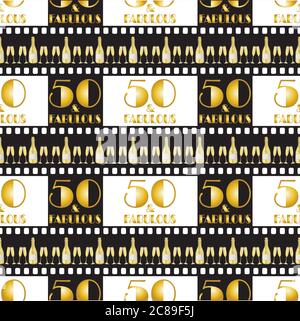 Cinquanta e favoloso compleanno modello vettoriale senza giunture, sfondo. Strisce nere in stile cinematografico con una tipografia in oro in stile art deco alternato. anni '30 Illustrazione Vettoriale