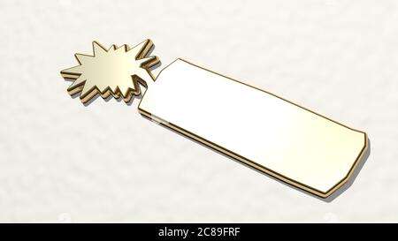 DINAMITE sulla parete. Illustrazione 3D di una scultura metallica su sfondo bianco con una consistenza delicata. Bomba ed esplosione Foto Stock