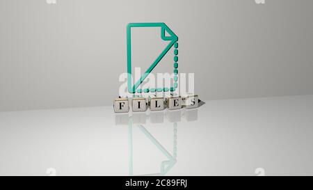 Immagine grafica 3D dei file in verticale insieme al testo realizzato da lettere cubiche metalliche dalla prospettiva superiore, eccellente per la presentazione concettuale e le presentazioni. Illustrazione e business Foto Stock