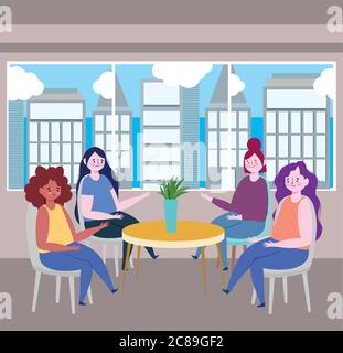 ristorante di distanza sociale o un caffè, le donne che si siedono al tavolo tenere la distanza, covid 19 coronavirus, nuova illustrazione vettore di vita normale Illustrazione Vettoriale