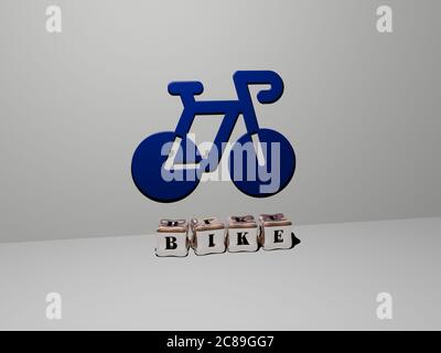 Illustrazione 3D della grafica e del testo della bicicletta con lettere metalliche per i significati relativi del concetto e delle presentazioni. bicicletta e sfondo Foto Stock