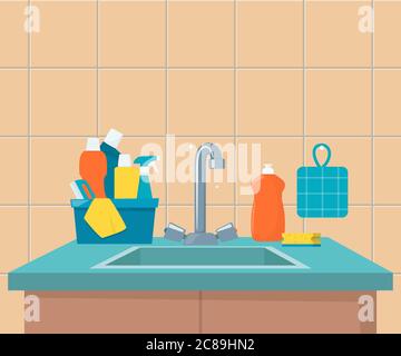 Lavandino da cucina. Lavabo pulito con utensili da cucina, mobili e utensili moderni. Lavatoi piatti lavello, illustrazione vettoriale Illustrazione Vettoriale