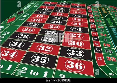 Tradizionale tavolo verde Roulette europeo con vettore di prospettiva numeri bianchi illustrazione Illustrazione Vettoriale