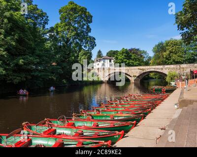 Barche a remi sul fiume Nidd ad High Bridge a Knaresborough, North Yorkshire, Inghilterra Foto Stock