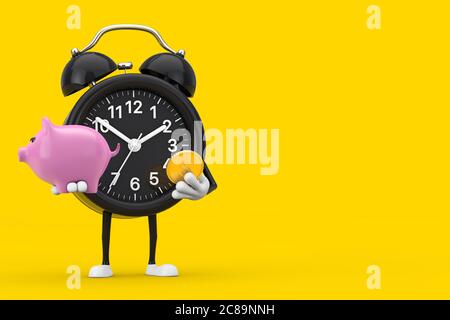 Orologio Mascot personaggio con Piggy Bank e Golden Dollar Coin su sfondo giallo. Rendering 3d Foto Stock