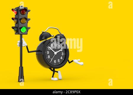 Orologio Mascot personaggio con semaforo verde su sfondo giallo. Rendering 3d Foto Stock