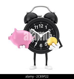 Orologio Mascot personaggio con Piggy Bank e Golden Dollar Coin su sfondo bianco. Rendering 3d Foto Stock