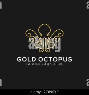 Logo Gold Octopus con disegno grafico a linee. Immagine vettoriale astratta con icona a polpo Illustrazione Vettoriale