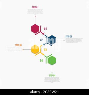 Modello infografico con 4 fasi di progettazione del flusso di lavoro immagine vettoriale del logo di marketing aziendale Illustrazione Vettoriale