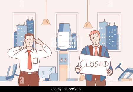 Gli imprenditori diventano in bancarotta e hanno chiuso il loro vettore di affari cartoon illustrazione di contorno. Uomini tristi e arrabbiati in ufficio chiuso. Coronavirus, blocco e auto-isolamento conseguenze economiche. Illustrazione Vettoriale
