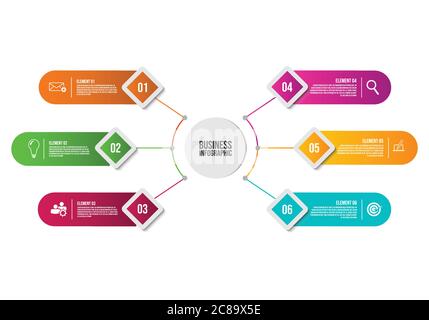 Business per la visualizzazione di dati. Grafico di processo. Elementi astratti del grafico, diagramma con passaggi, opzioni, parti di ricambio o di processi Illustrazione Vettoriale