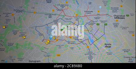 Traffico aereo, Nuova Delhi aera (22 luglio 2020, UTC 08.34) su Internet con il sito Flightradar 24, durante il Coronavirus Pandemic Foto Stock