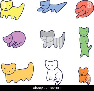 Gattini divertenti e colorati minimal. Illustrazione vettoriale a forma di doodle per design e adesivi. Grafica con simpatici e simpatici gatti cartoon per il tessile, design, Illustrazione Vettoriale